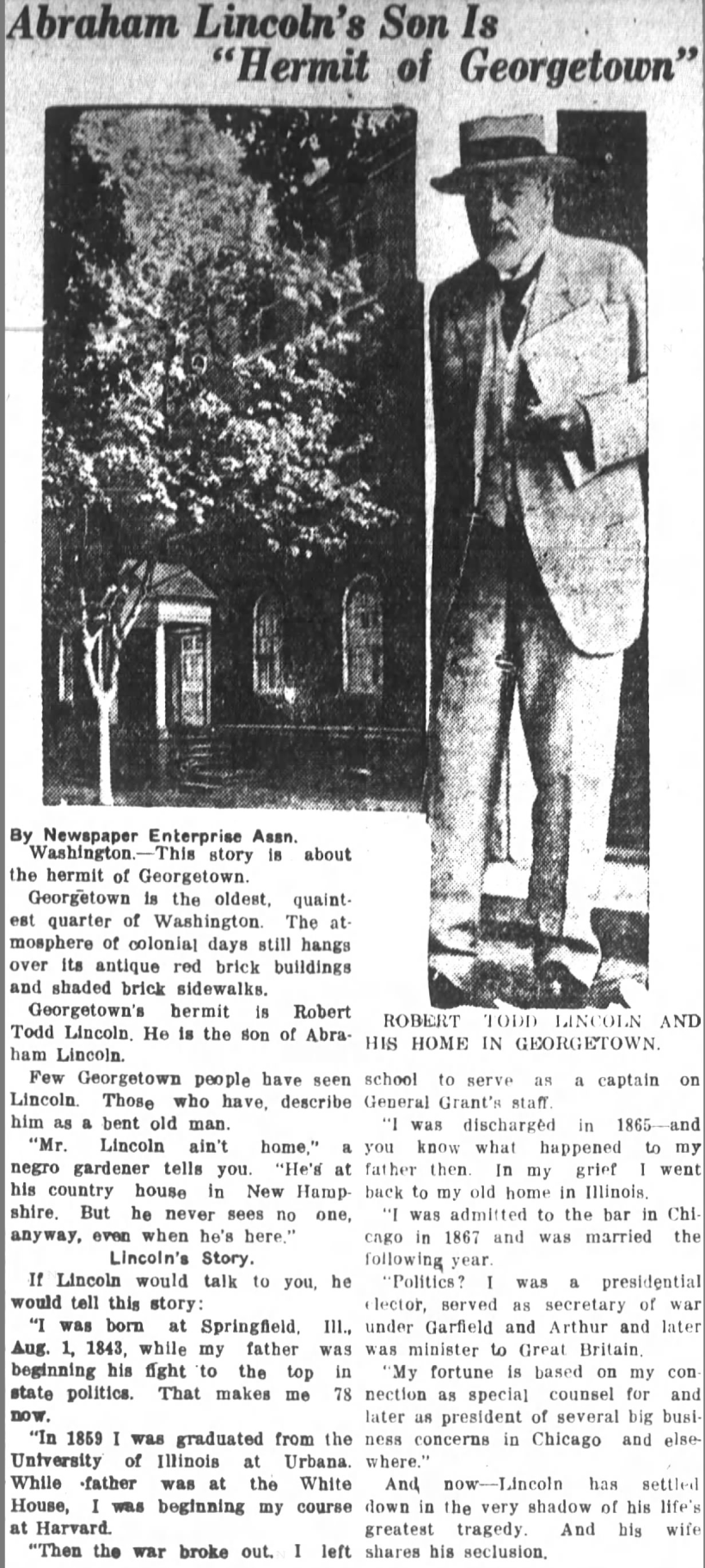 Abraham Lincoln's son is "Hermit of Georgetown"
